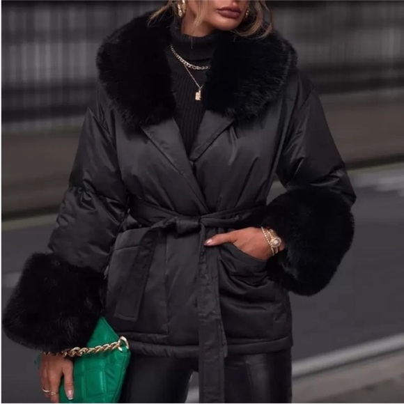 SHEIN Jackets & Blazers - SHEIN Black Faux Fur Trim Puffer Jacket
